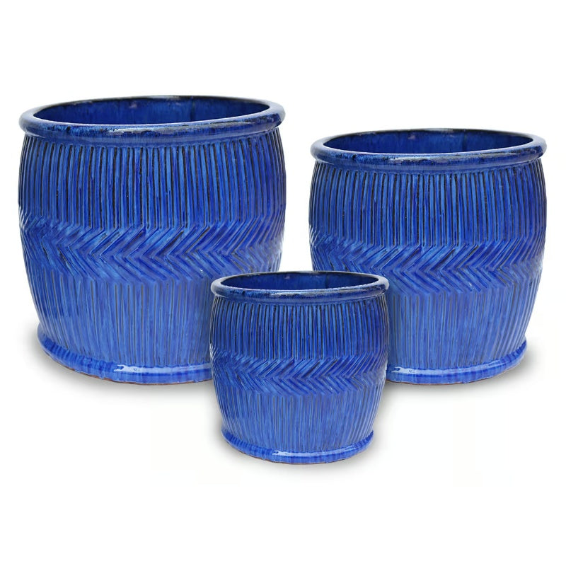 A trio of Fireworks Blue glazed Crosshatch Barrel Pots, in Large, Small, and Medium.