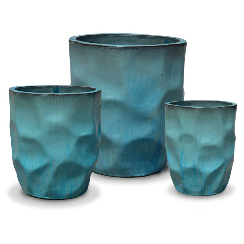 A trio of aqua-green glazed Crumpled Egg Pots in Medium, Large, and Small
