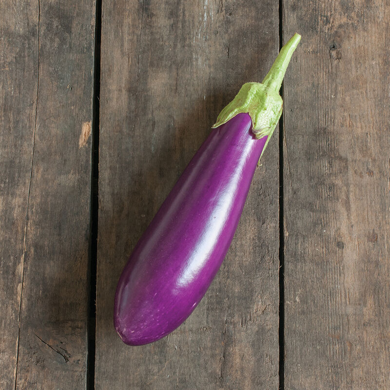 A single, bright purple Dancer eggplant, with beautiful dark pink/light purple skin, on a background of wooden boards.