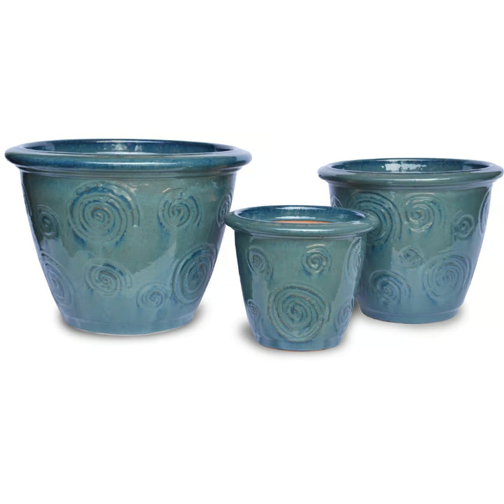 A trio of Finn Pots with Whirly Blue glaze and designs, available in Large, Small, and Medium