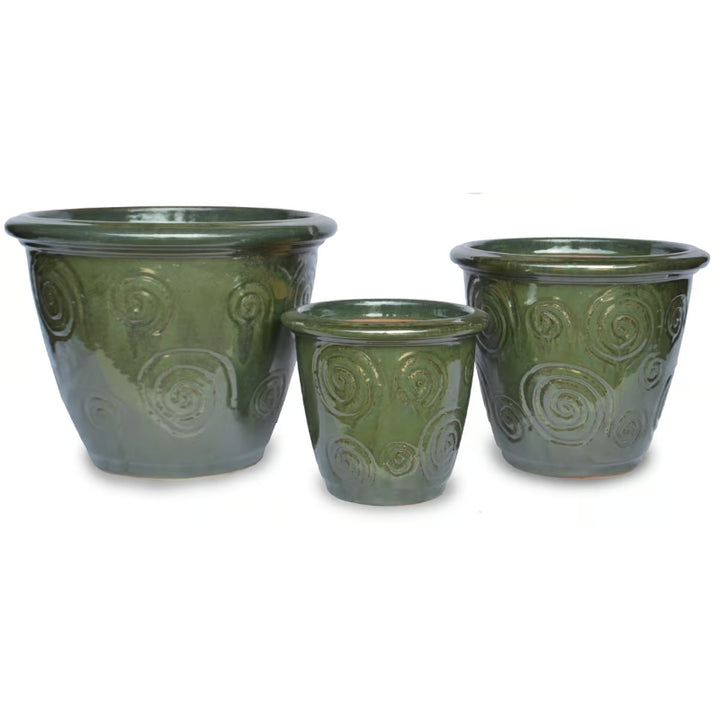 A trio of Finn Pots with Whirly Jade glaze and designs, available in Large, Small, and Medium