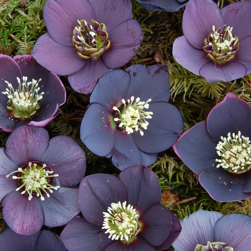 An assortment of the purple-black flowers of Helleborus Winter Jewels® 'Black Diamond'