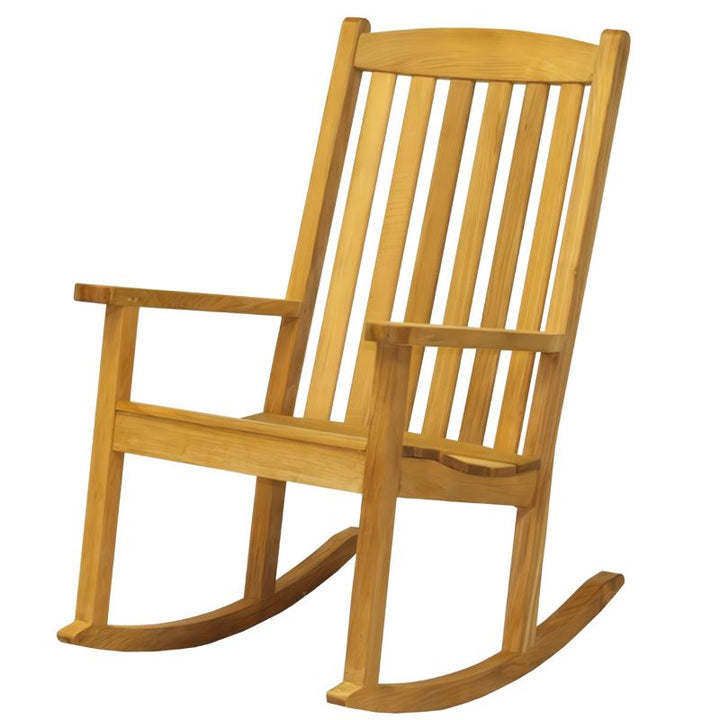 A stock photo of a teak wood Brittany Rocker.