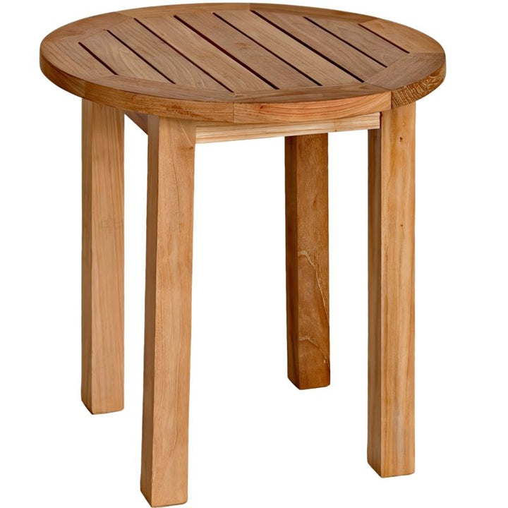 A stock photo of a teak wood Canterbury 20" Tall Round Side Table.