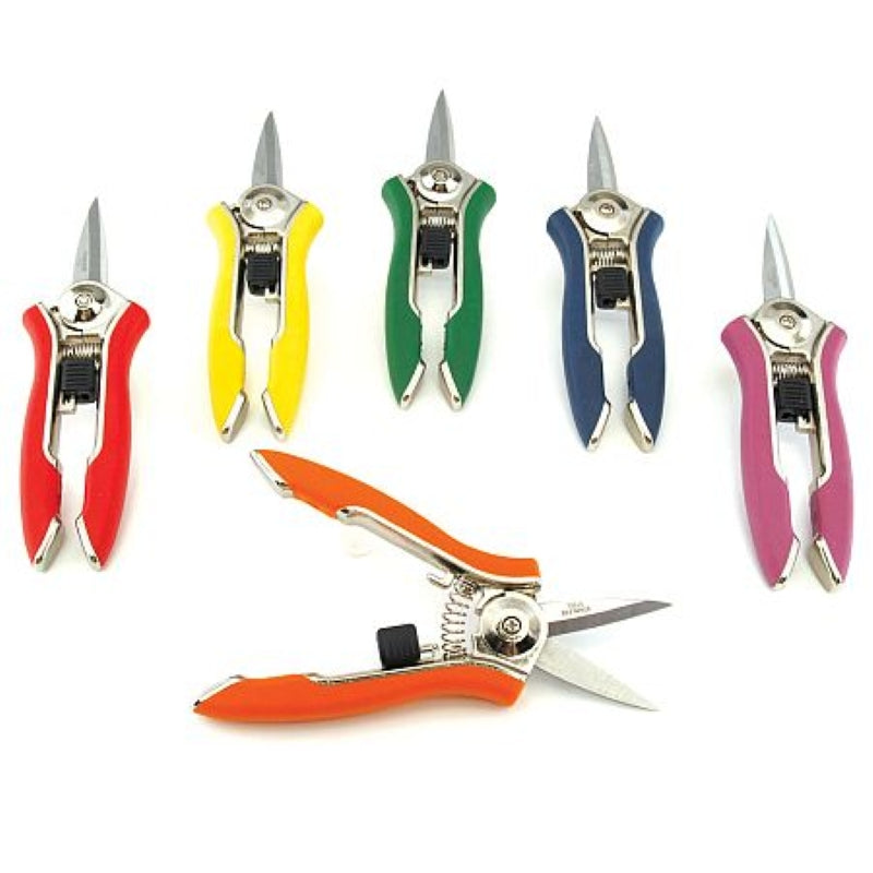 An assortment of multi-colored stainless steel Dramm ColorPoint Compact Shears with plastic grips.
