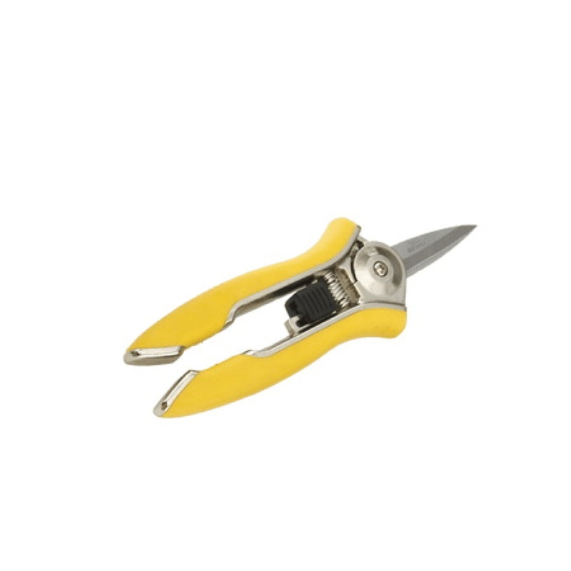 A pair of stainless steel Dramm ColorPoint Compact Shears with yellow plastic grips.