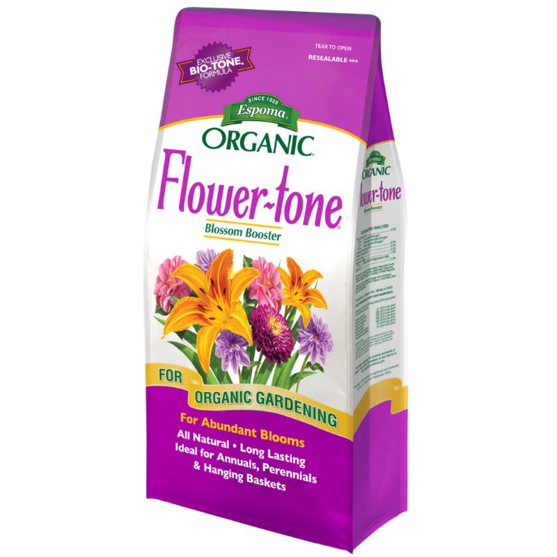 A stock image of a purple and white bag of Espoma Flower-tone fertilizer