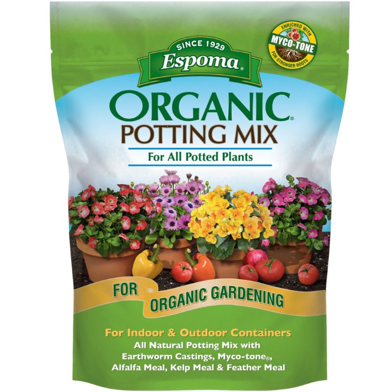 A bag of Espoma organic potting mix.