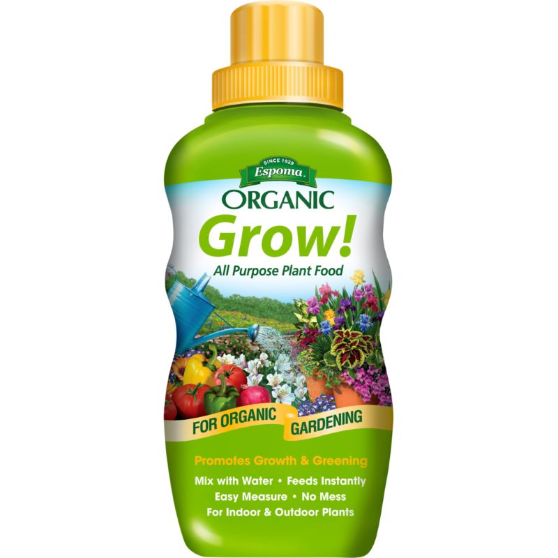 A stock image of a green bottle of Espoma Organic Grow! All Purpose Liquid Plant Food