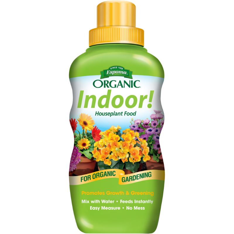 A stock image of Espoma Organic Indoor! Houseplant Food in a green bottle with yellow cap