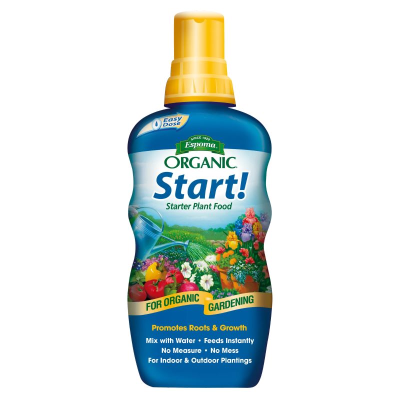 A stock image of Espoma Organic Start! Liquid Starter Plant Food in a blue bottle with yellow cap