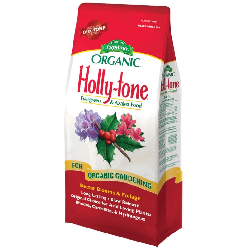 A stock image of Espoma Organic Holly-tone Evergreen and Azalea food in a red and white bag