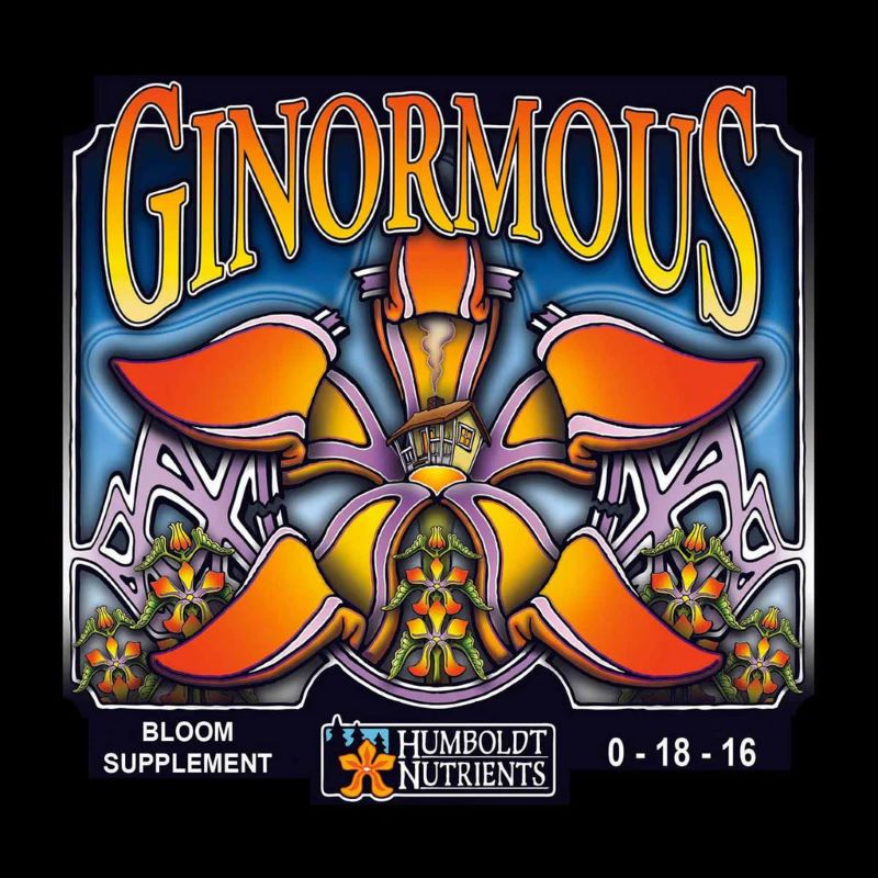 The psychedelic label design for Ginormous by Humboldt Nutrients, featuring an NPK ratio of 0-18-16 and a flower with a house at its center