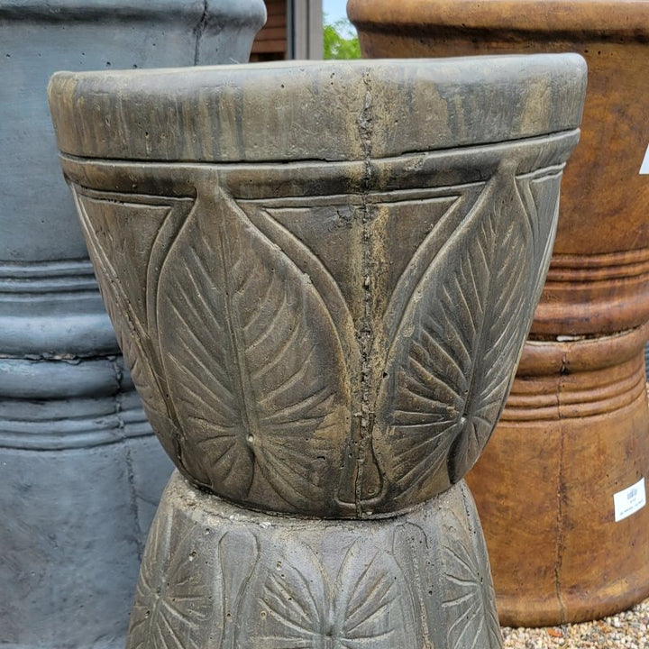 A large Leaf Planter with embossed leaf designs; painted with pre-faded Aged Pine gray and green toned finish