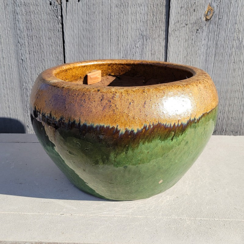 A rounded, bowl-like Maia planter with bowed sides; finished with a glossy, hunter green glaze around the base and a matte dark brown speckled glaze around the lip.