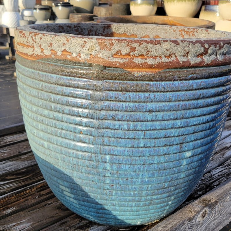 One of the unique Nevis planters, with a sandy colored rim and a paler, sky blue colored base.