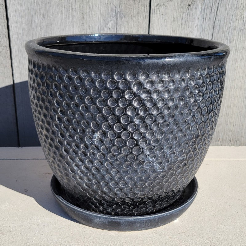 A rounded Pebble planter with built-in saucer, decorated with a regularly spaced pattern of circular divots; finished in a glossy black glaze