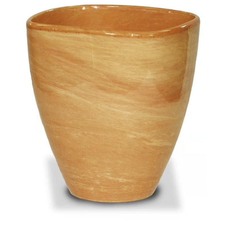 A stock photo of a rounded square orchid pot with a light-colored marbled lacquer glaze.