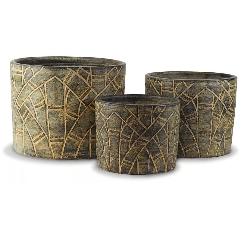 A stock photo of a trio of rounded planters with straight walls; planters are designed with a carved bamboo shoot design and are finished with matte earthtone paint.