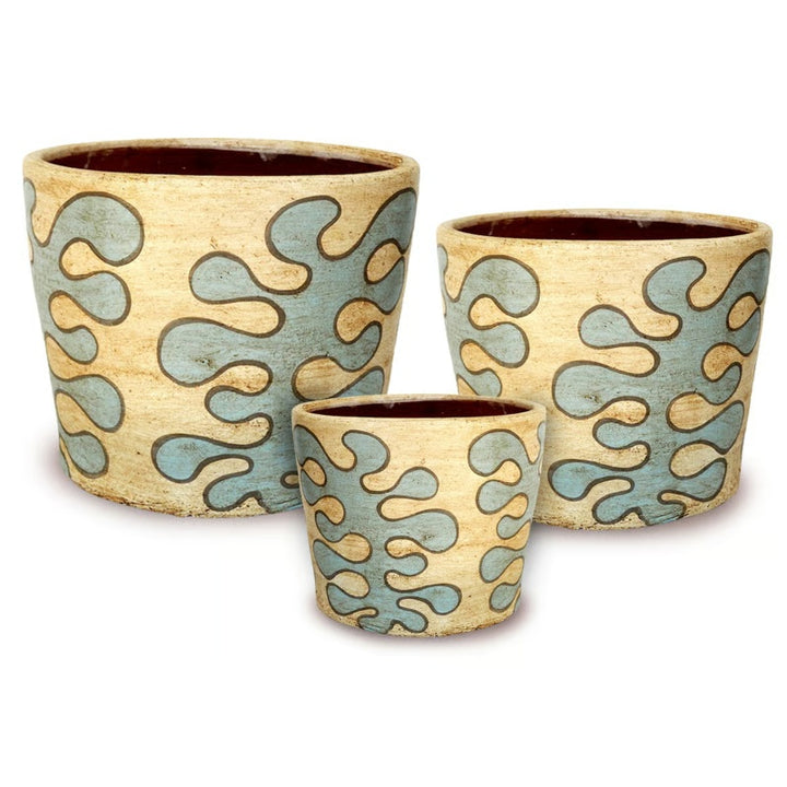 A stock photo of a trio of rounded Thail Cylinder Pots with straight walls; planters are designed with a carved bubble tree design and are finished with matte cream white and pale blue paint.