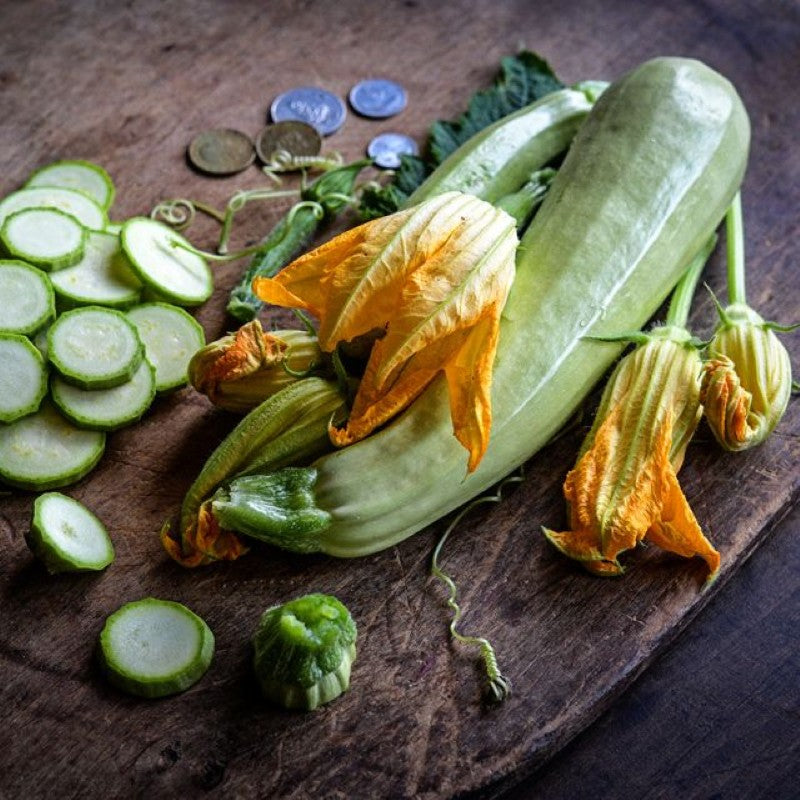 A photo of a Long White Zucchini of Palermo (Zucchini Lungo Bianco) with flowers and sliced squash.